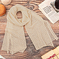 100% baby alpaca scarf, ' Champagne Gossamer' - Textured 100% Baby Alpaca Wrap Scarf in Champagne from Peru